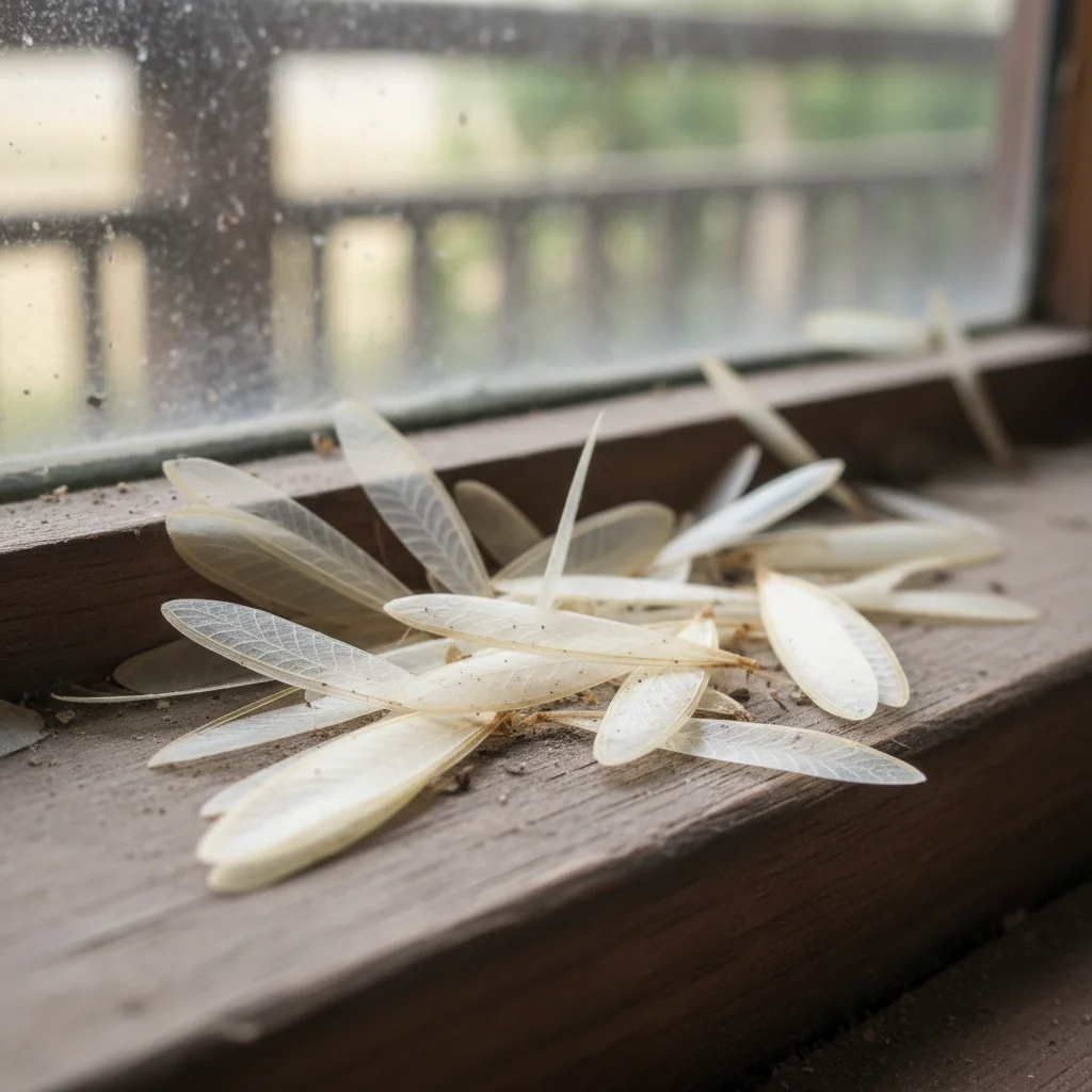 Termite wings scattered near a window sill.