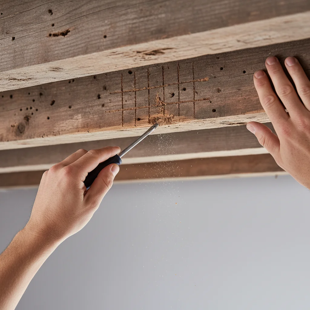 Person tapping wooden beams with a screwdriver handle.