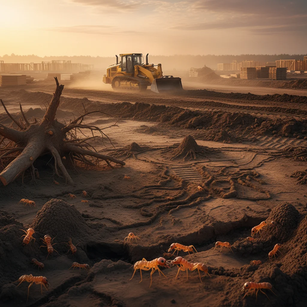 Disturbed soil at a construction site with machinery increasing termite risks.