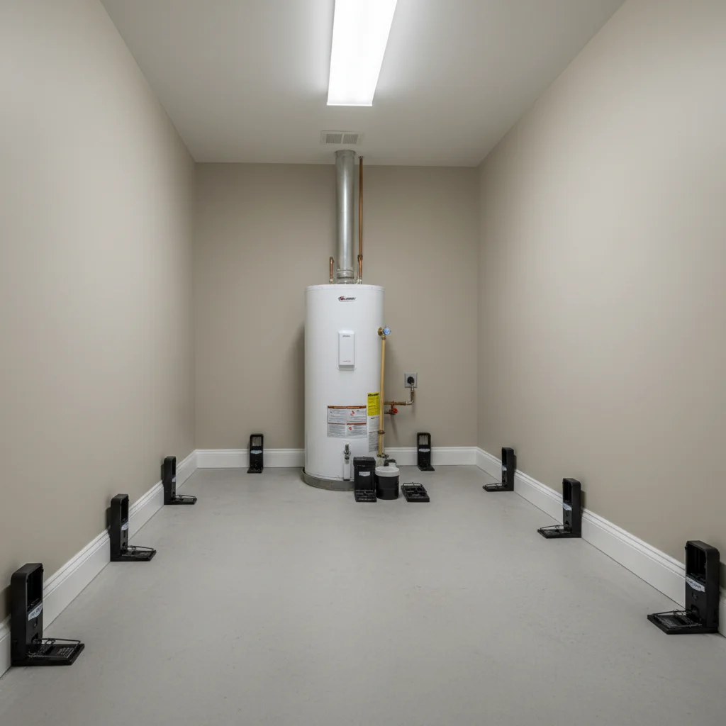 Room interior with traps along baseboards near a water heater.