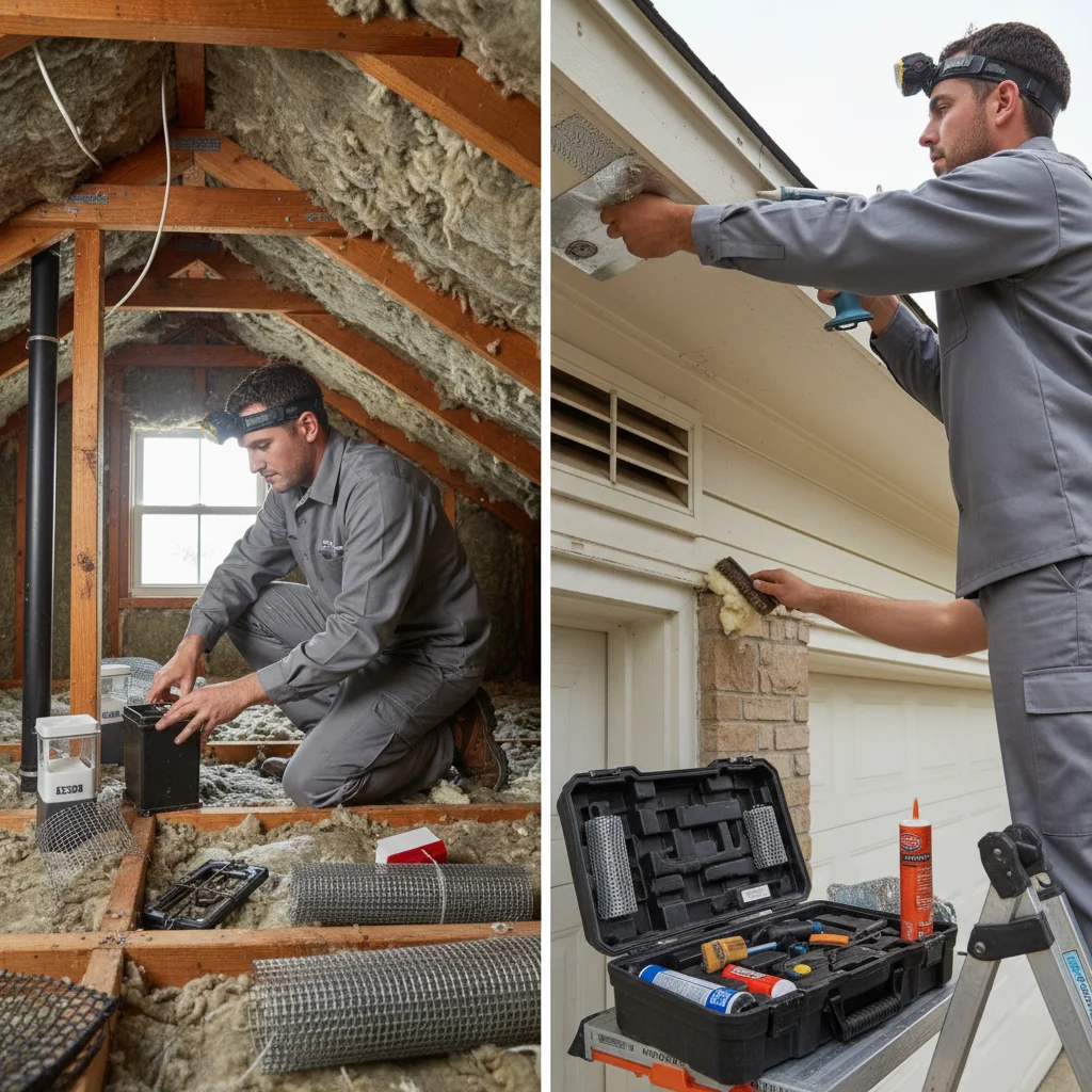 Two scenes of setting traps in attic and sealing house entry points highlighting rodent control cost Tracy CA treatment and prevention options. 