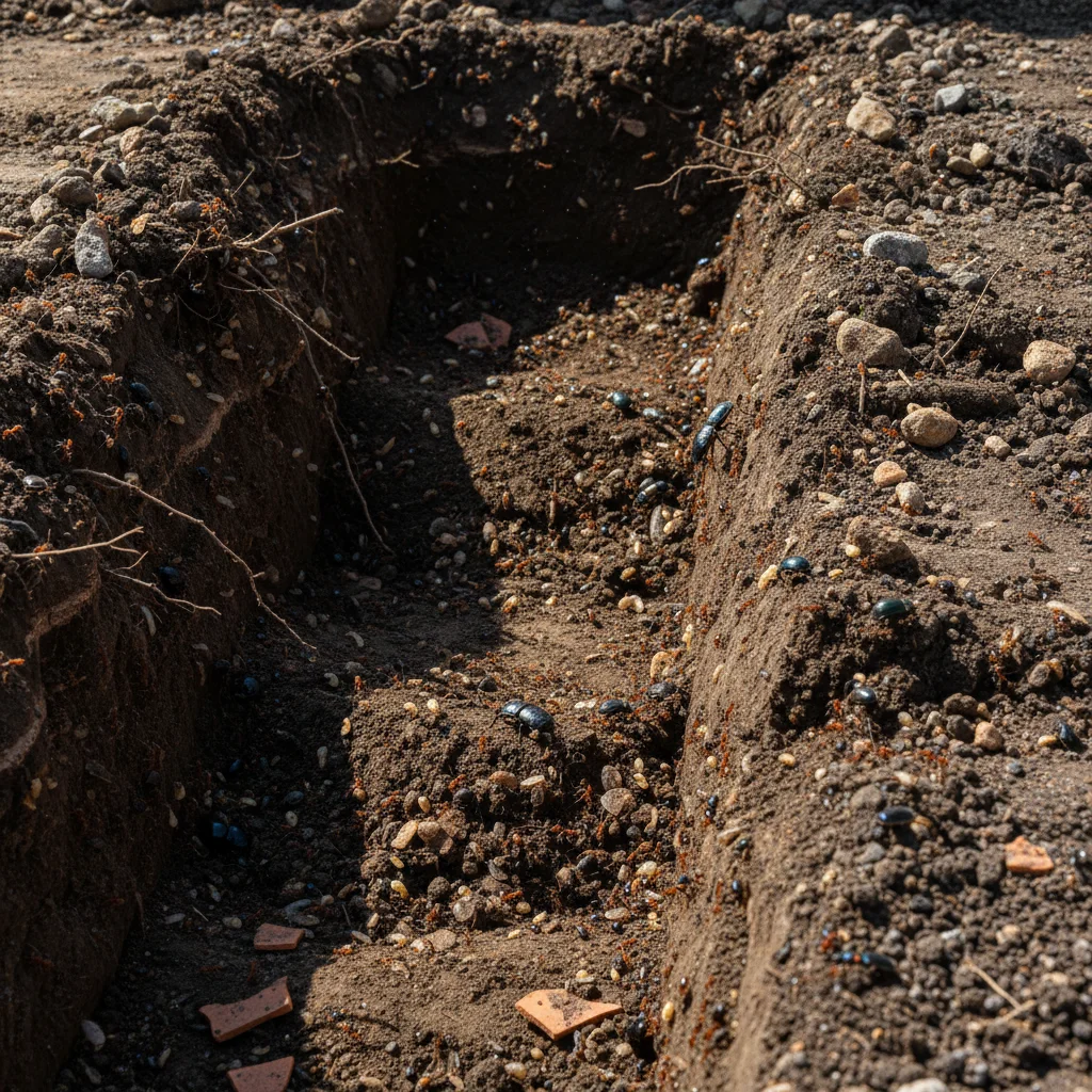 Construction site with soil excavation, visible insects like termites.