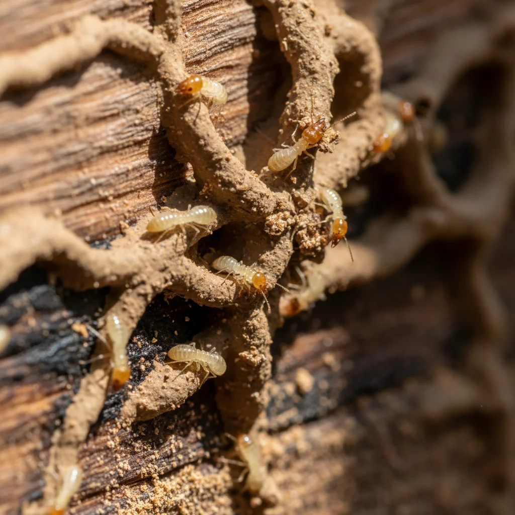 Fresh mud tubes with worker termites visible.