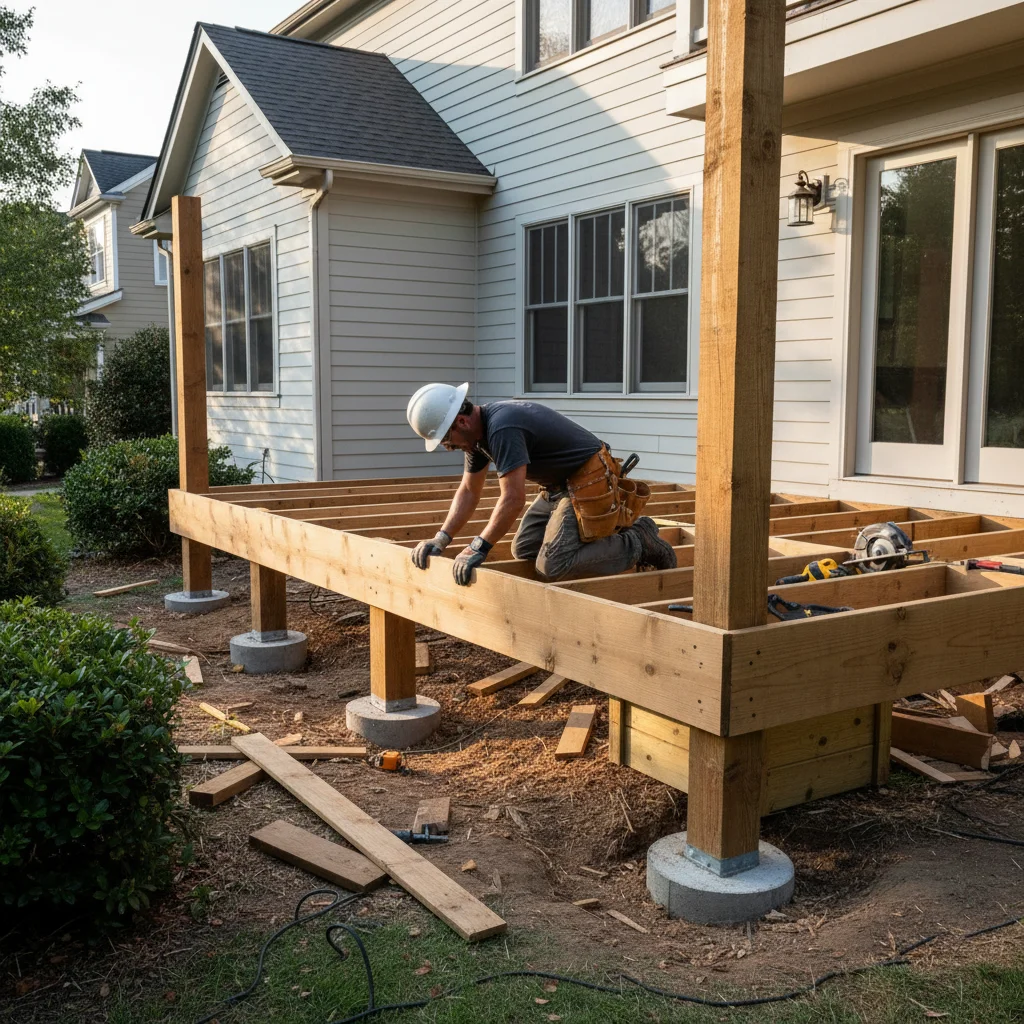 Construction worker adding deck to house, possible warranty voiding.
