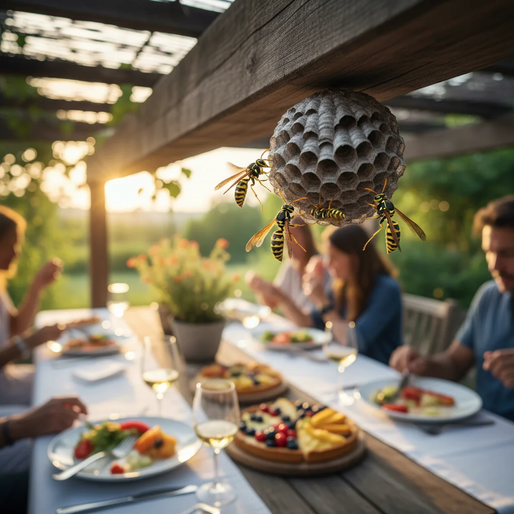 Wasps active near an outdoor dining area in summer.