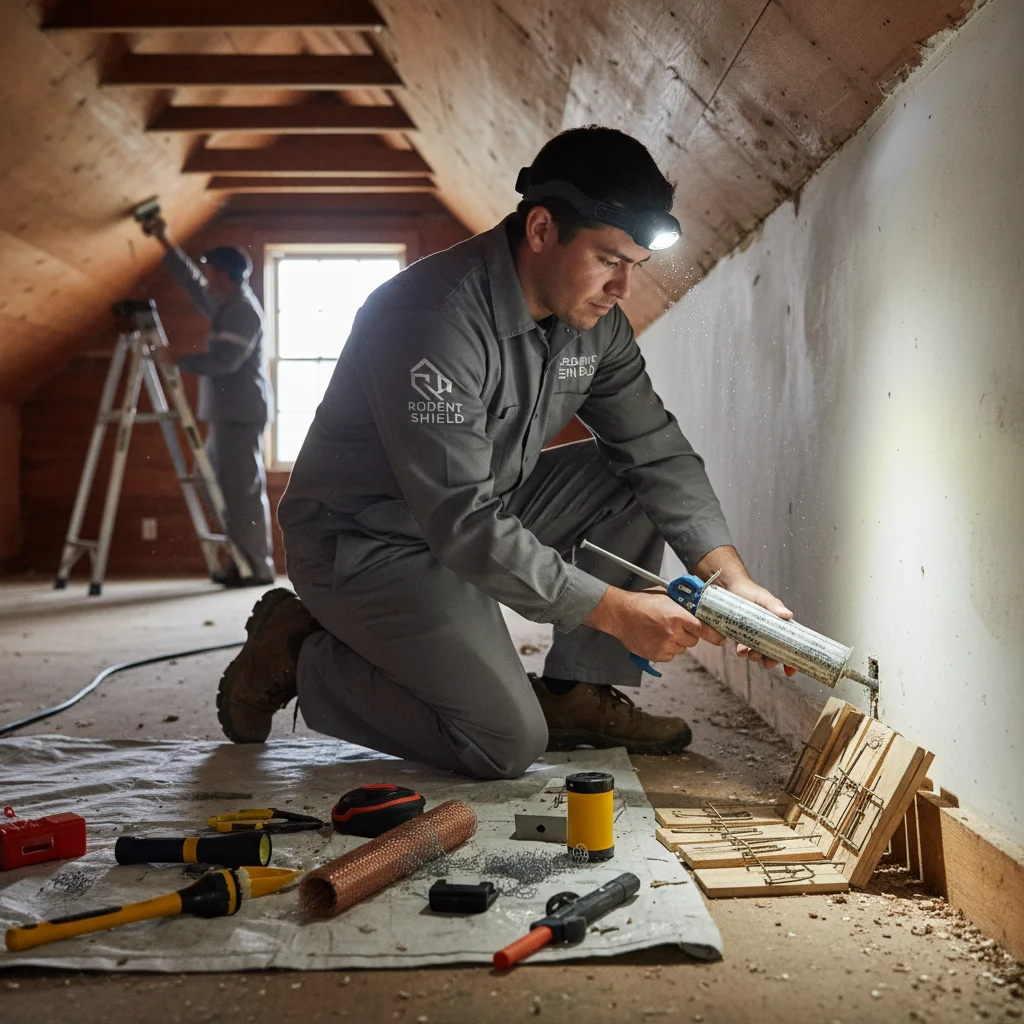 Technician inspecting a home, setting traps for rodent exclusion.