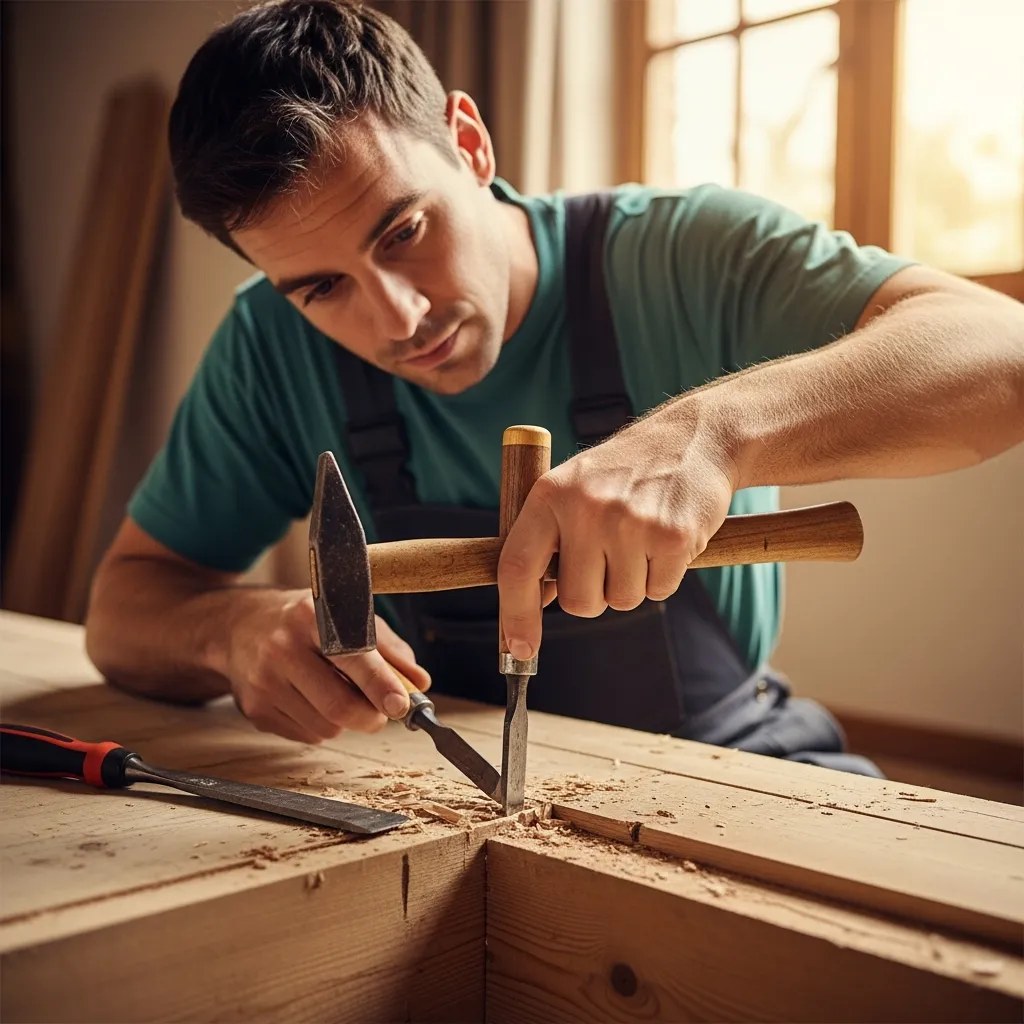 Contractors repairing damaged wooden beam with tools around.